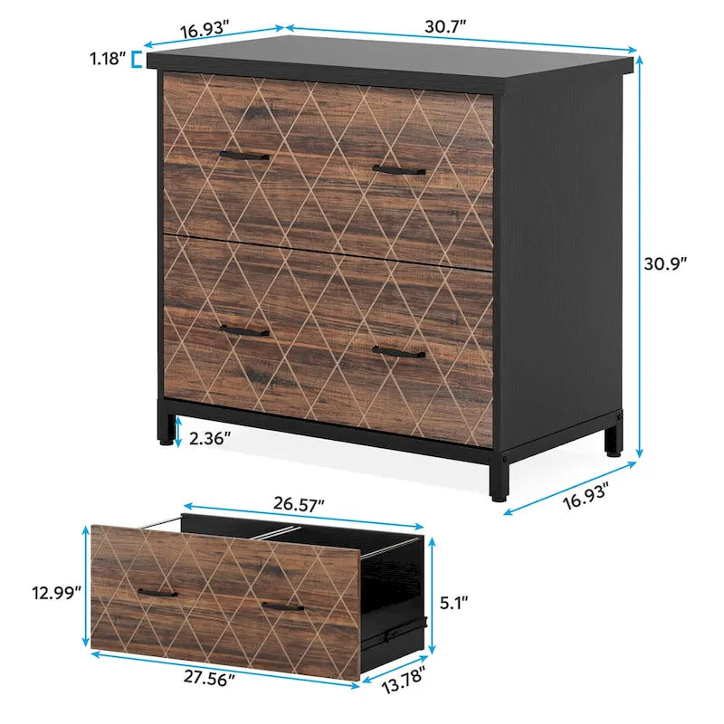 2-Drawer Lateral File Cabinet with Full-Extension Slides & Adjustable Feet, Brown / Black / Multi, Rustic Style