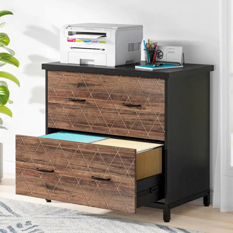 2-Drawer Lateral File Cabinet with Full-Extension Slides & Adjustable Feet, Brown / Black / Multi, Rustic Style
