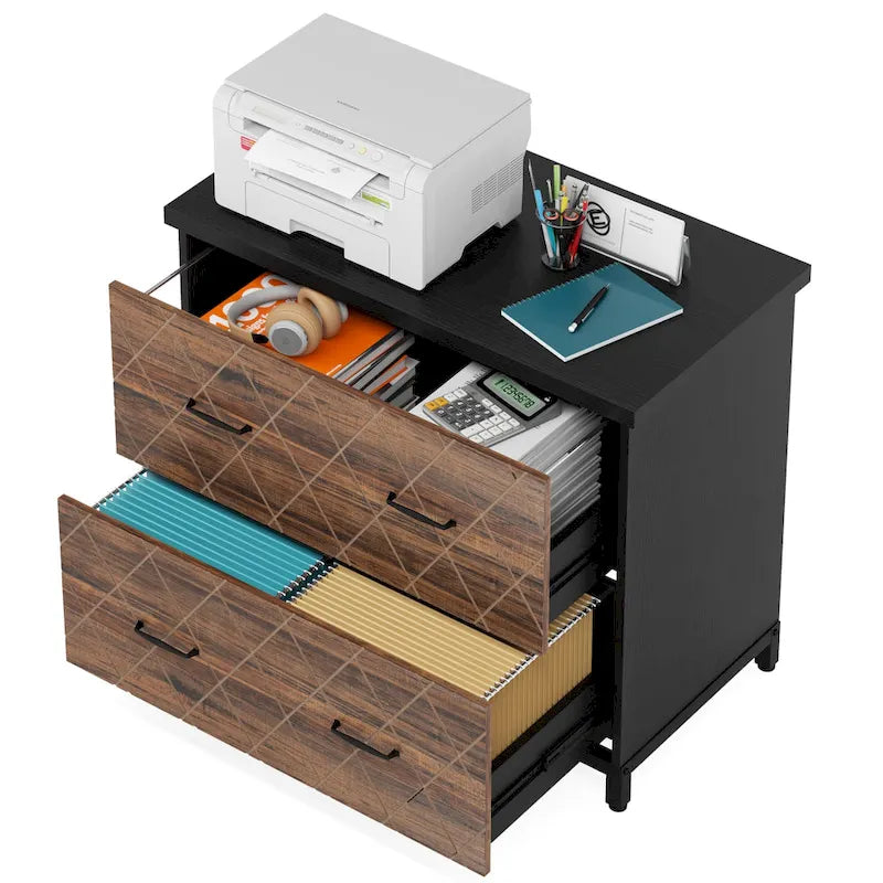 2-Drawer Lateral File Cabinet with Full-Extension Slides & Adjustable Feet, Brown / Black / Multi, Rustic Style
