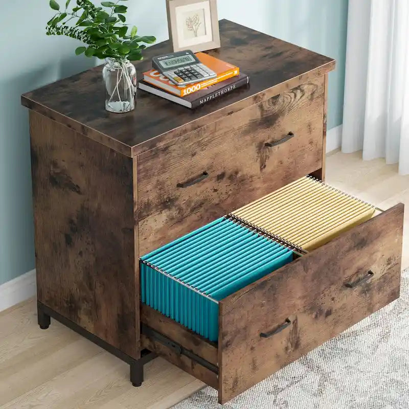 2-Drawer Lateral File Cabinet with Full-Extension Slides & Adjustable Feet, Brown / Black / Multi, Rustic Style
