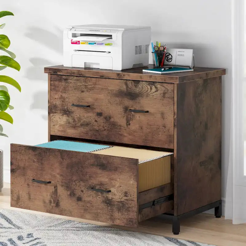 2-Drawer Lateral File Cabinet with Full-Extension Slides & Adjustable Feet, Brown / Black / Multi, Rustic Style