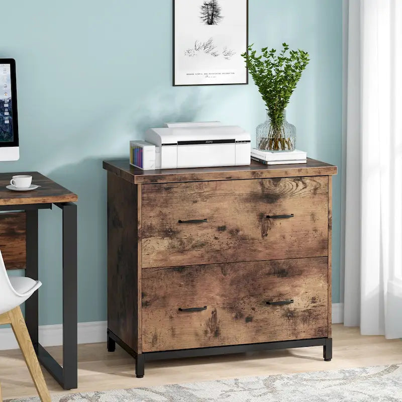 2-Drawer Lateral File Cabinet with Full-Extension Slides & Adjustable Feet, Brown / Black / Multi, Rustic Style