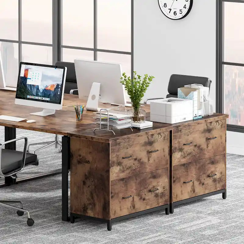 2-Drawer Lateral File Cabinet with Full-Extension Slides & Adjustable Feet, Brown / Black / Multi, Rustic Style