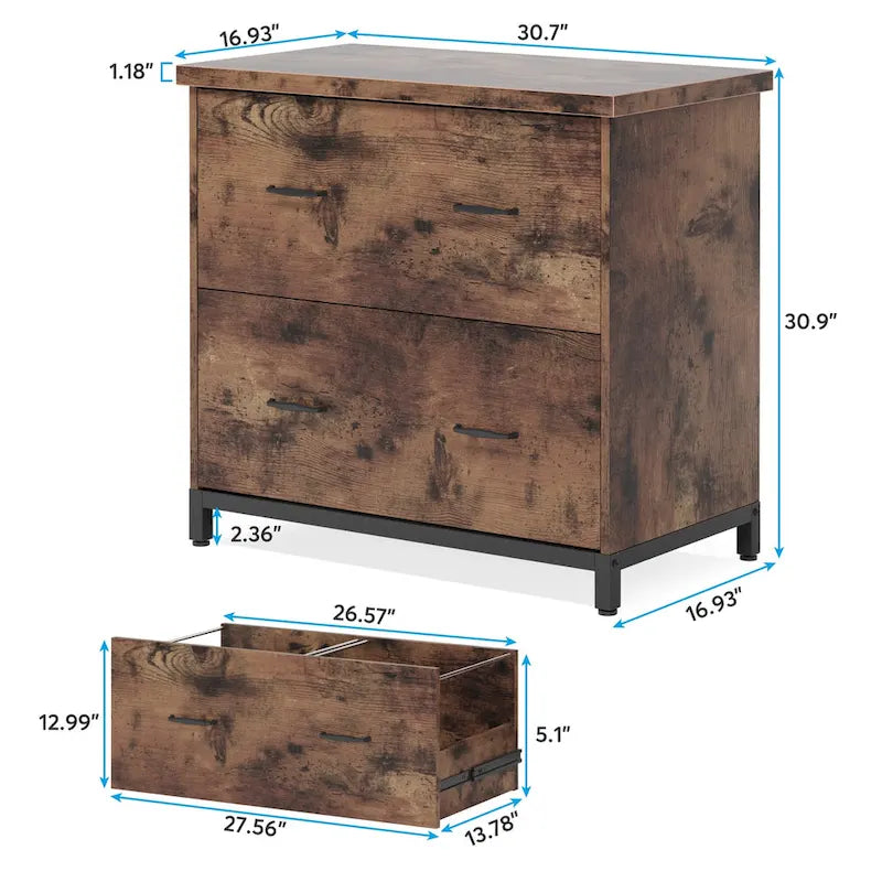 2-Drawer Lateral File Cabinet with Full-Extension Slides & Adjustable Feet, Brown / Black / Multi, Rustic Style