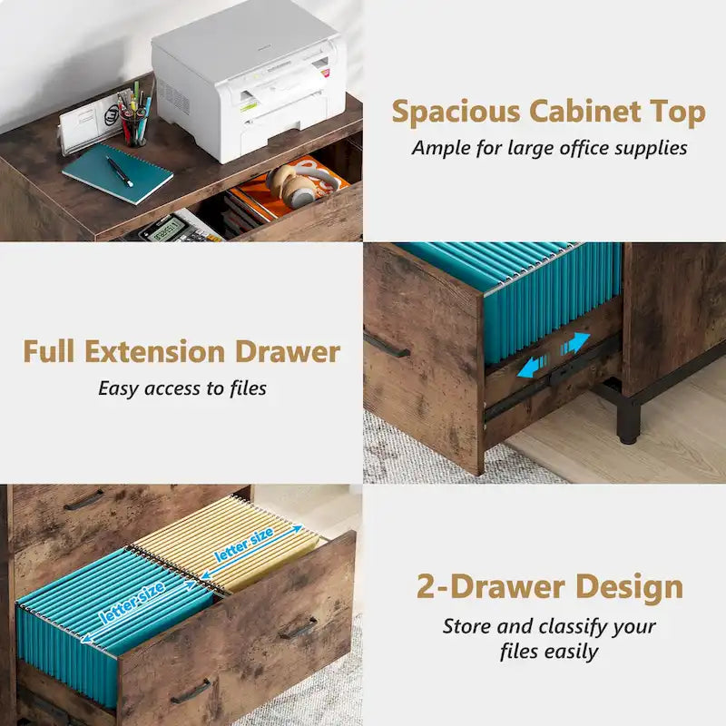2-Drawer Lateral File Cabinet with Full-Extension Slides & Adjustable Feet, Brown / Black / Multi, Rustic Style