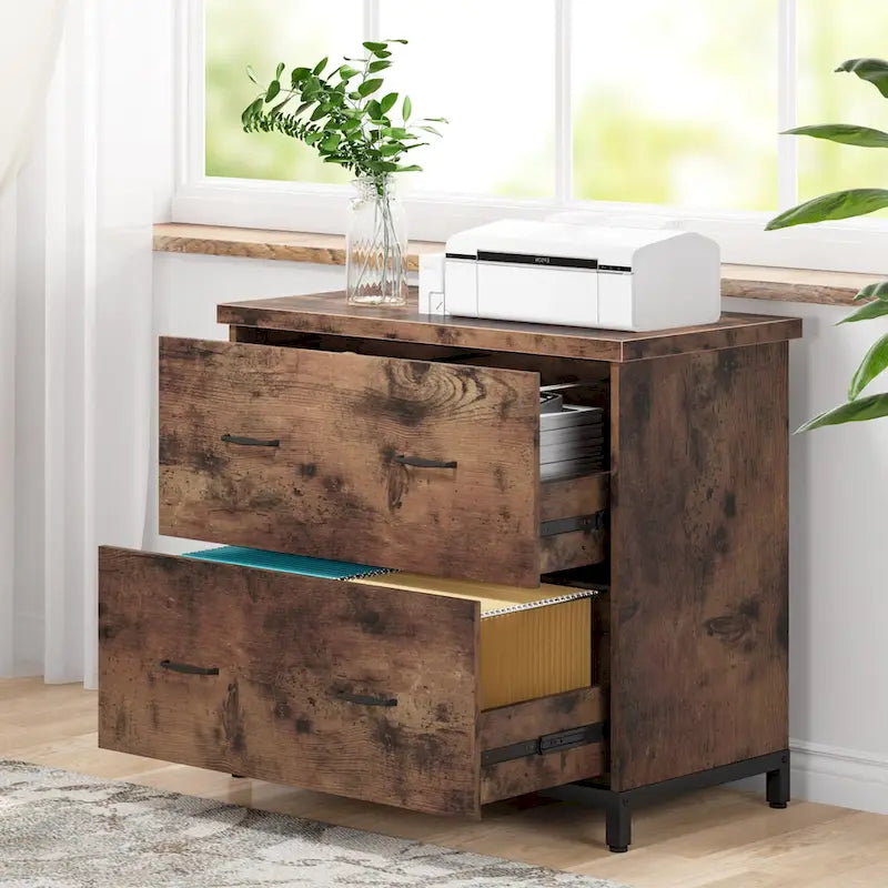 2-Drawer Lateral File Cabinet with Full-Extension Slides & Adjustable Feet, Brown / Black / Multi, Rustic Style