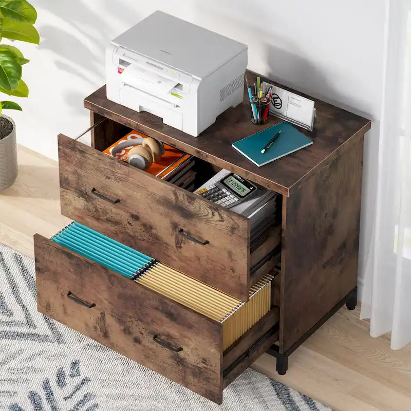 2-Drawer Lateral File Cabinet with Full-Extension Slides & Adjustable Feet, Brown / Black / Multi, Rustic Style