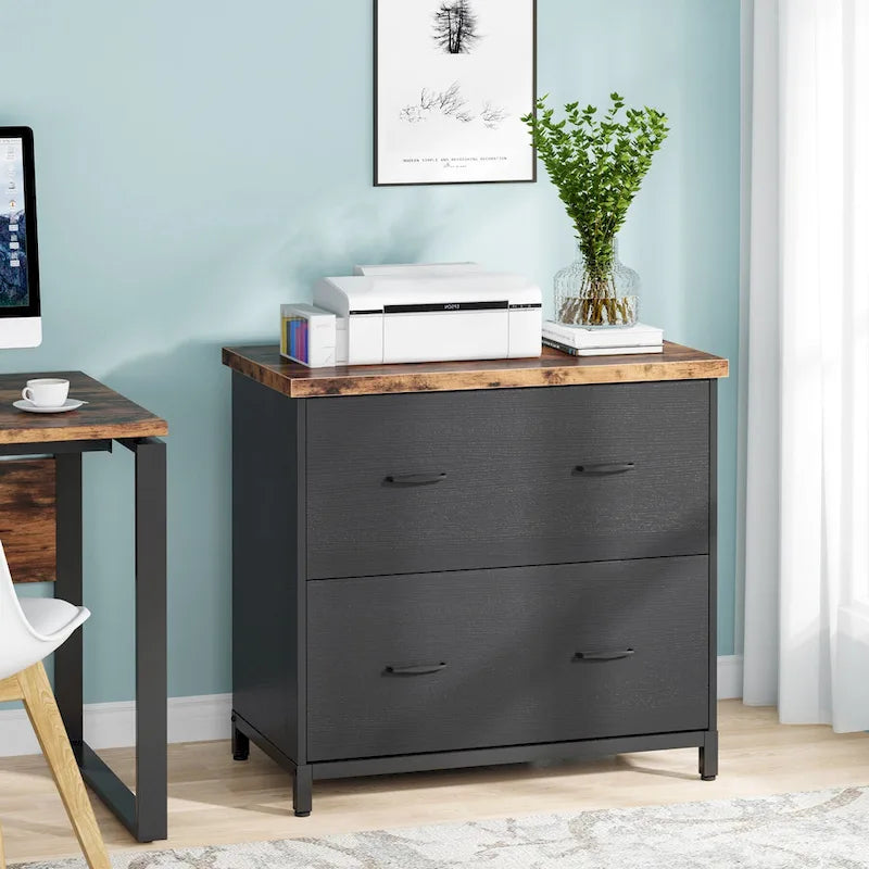 2-Drawer Lateral File Cabinet with Full-Extension Slides & Adjustable Feet, Brown / Black / Multi, Rustic Style