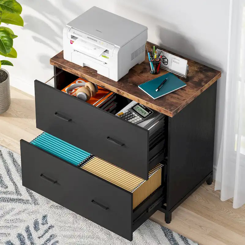 2-Drawer Lateral File Cabinet with Full-Extension Slides & Adjustable Feet, Brown / Black / Multi, Rustic Style