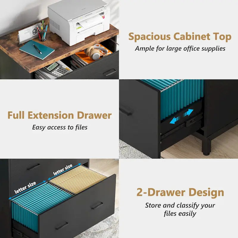 2-Drawer Lateral File Cabinet with Full-Extension Slides & Adjustable Feet, Brown / Black / Multi, Rustic Style
