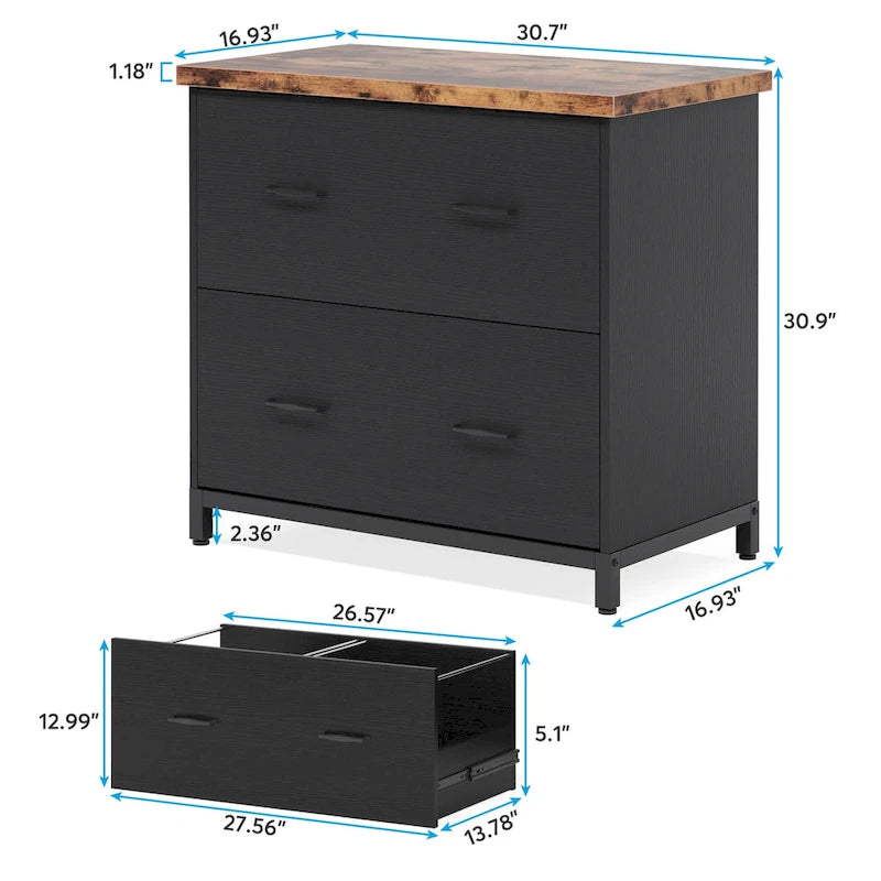 2-Drawer Lateral File Cabinet with Full-Extension Slides & Adjustable Feet, Brown / Black / Multi, Rustic Style