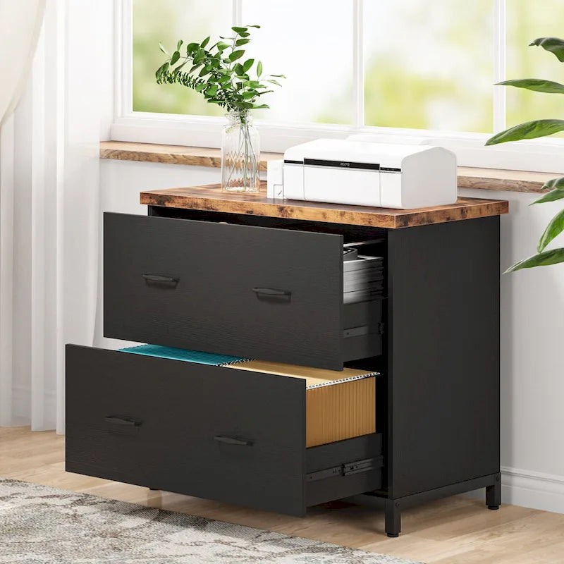 2-Drawer Lateral File Cabinet with Full-Extension Slides & Adjustable Feet, Brown / Black / Multi, Rustic Style