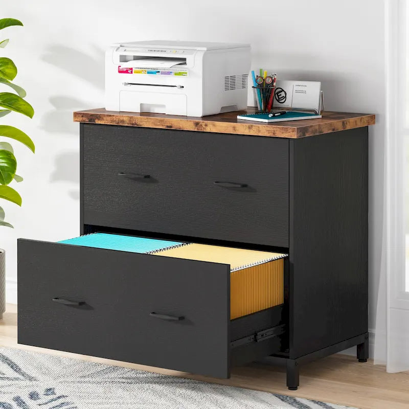 2-Drawer Lateral File Cabinet with Full-Extension Slides & Adjustable Feet, Brown / Black / Multi, Rustic Style