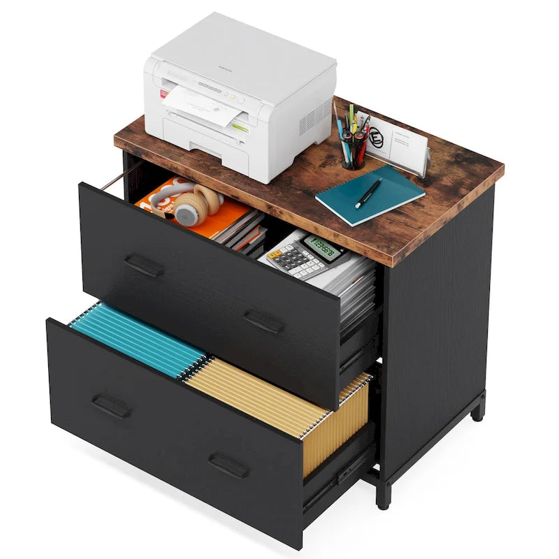 2-Drawer Lateral File Cabinet with Full-Extension Slides & Adjustable Feet, Brown / Black / Multi, Rustic Style