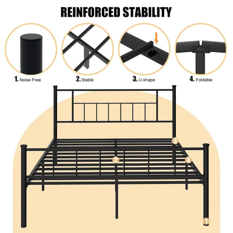Steel Bed Frame with Headboard & Footboard, Black, Modern Style – Twin / Full / Queen