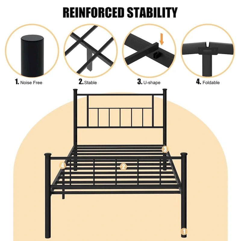 Steel Bed Frame with Headboard & Footboard, Black, Modern Style – Twin / Full / Queen