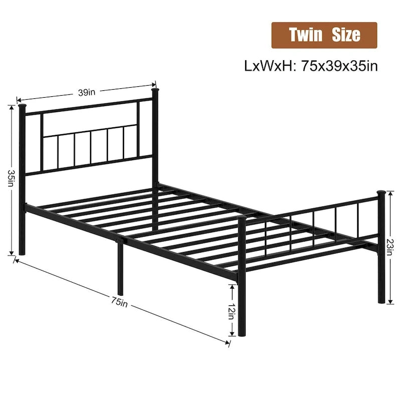 Steel Bed Frame with Headboard & Footboard, Black, Modern Style – Twin / Full / Queen