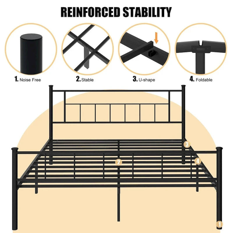 Steel Bed Frame with Headboard & Footboard, Black, Modern Style – Twin / Full / Queen