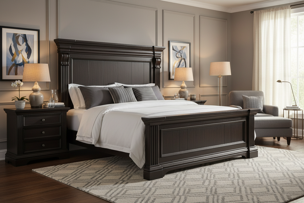 King Bed with Bolt-On Bedrail System & Distressed Finish, Brown, Traditional Style