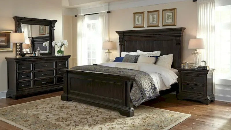 King Bed with Bolt-On Bedrail System & Distressed Finish, Brown, Traditional Style