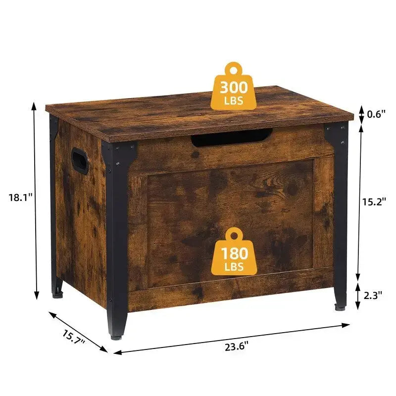 Lift-Top Storage Chest Bench with Metal Frame, Brown, Country Rustic Style