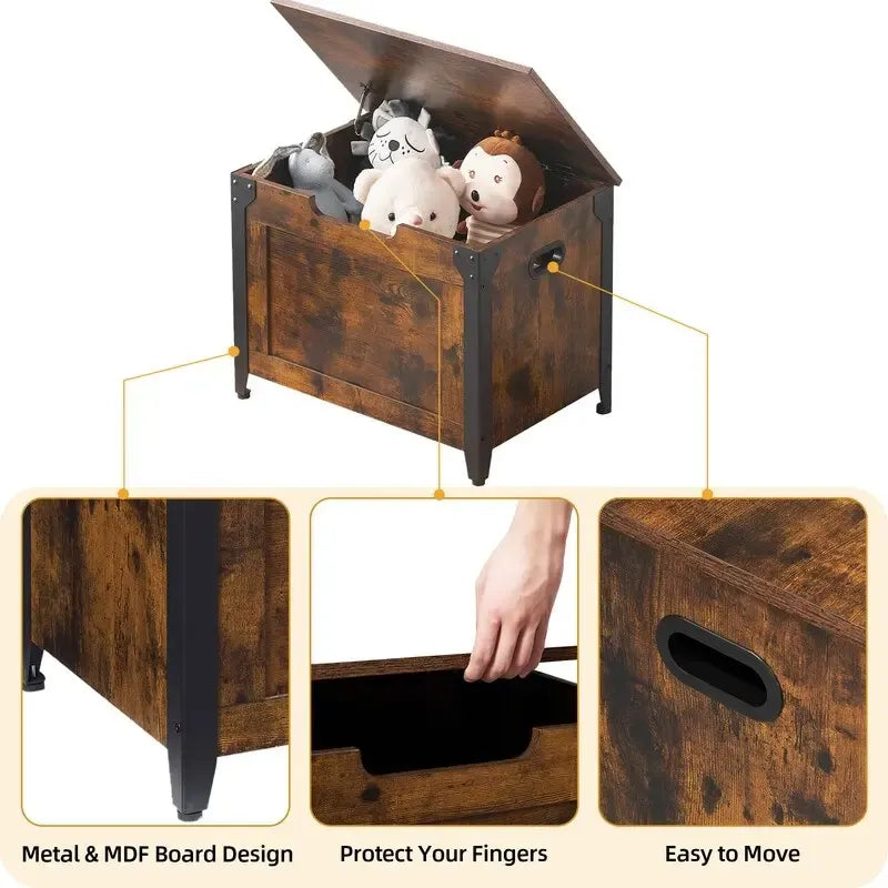 Lift-Top Storage Chest Bench with Metal Frame, Brown, Country Rustic Style