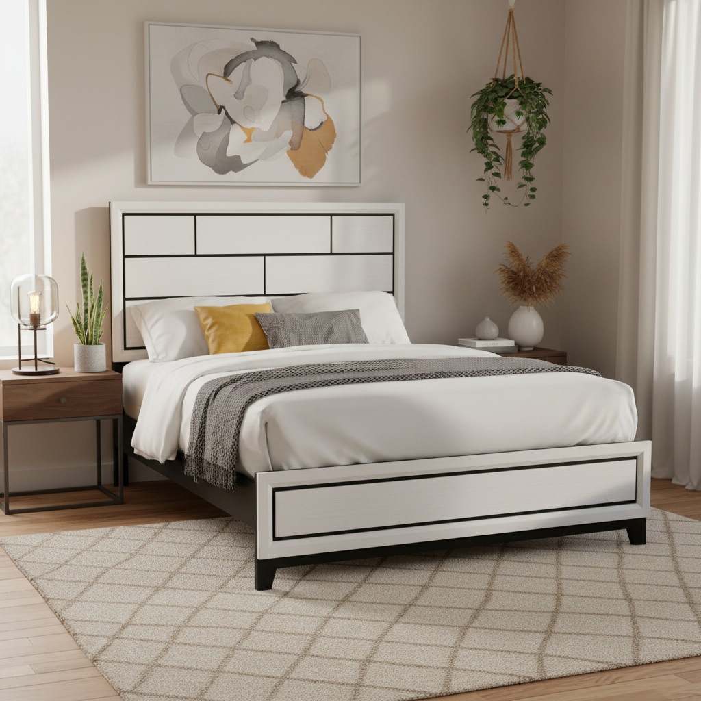 Queen Size Bed Frame with Rectangular Panel Headboard & Tapered Legs, White & Black, Modern Minimalist Style