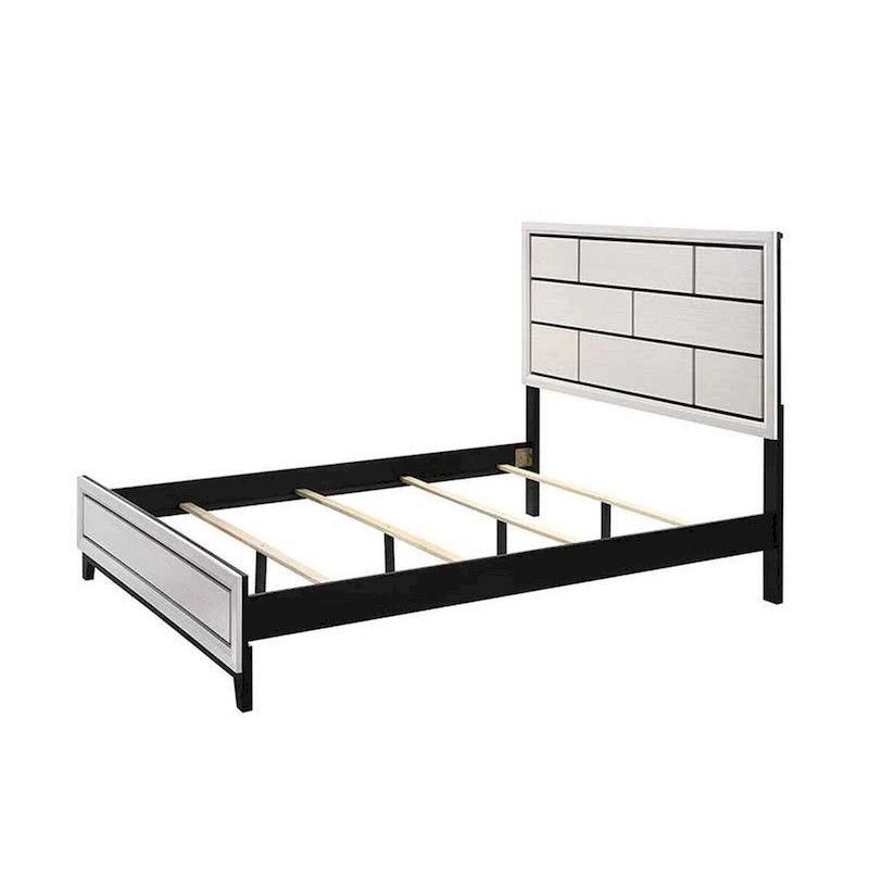 Queen Size Bed Frame with Rectangular Panel Headboard & Tapered Legs, White & Black, Modern Minimalist Style