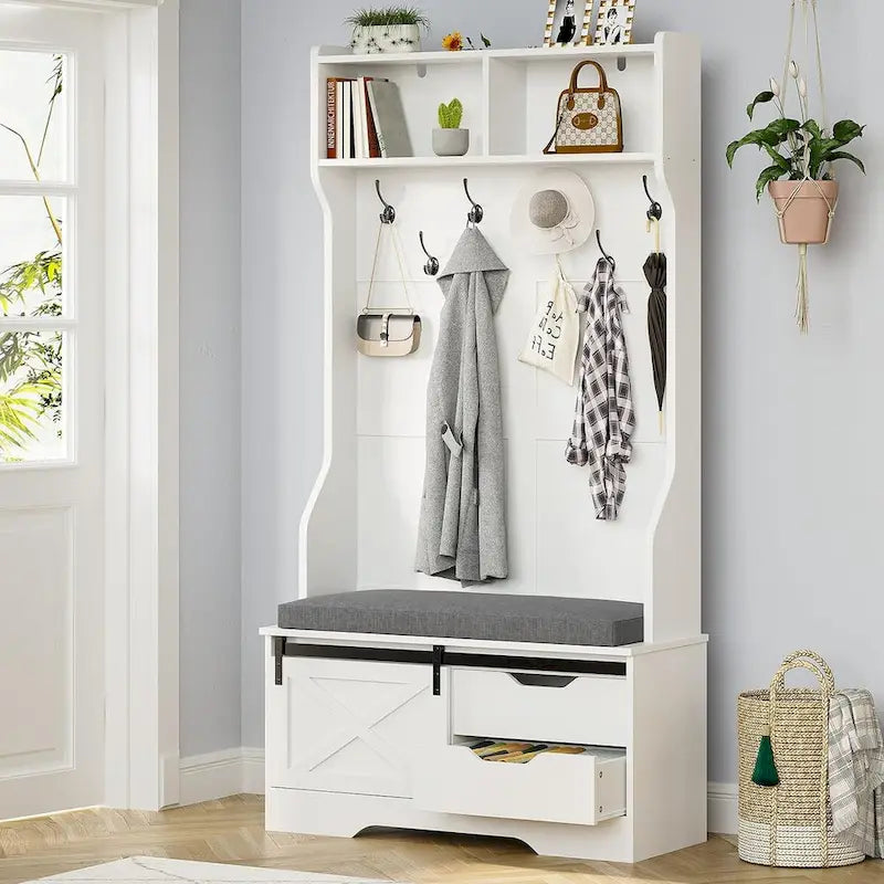 3-in-1 Hall Tree with Sliding Barn Door, Cushioned Bench & 6 Hooks, White / Black, Farmhouse Style