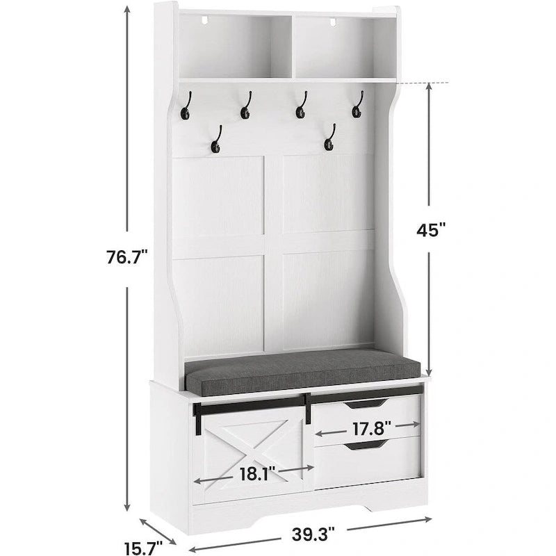 3-in-1 Hall Tree with Sliding Barn Door, Cushioned Bench & 6 Hooks, White / Black, Farmhouse Style