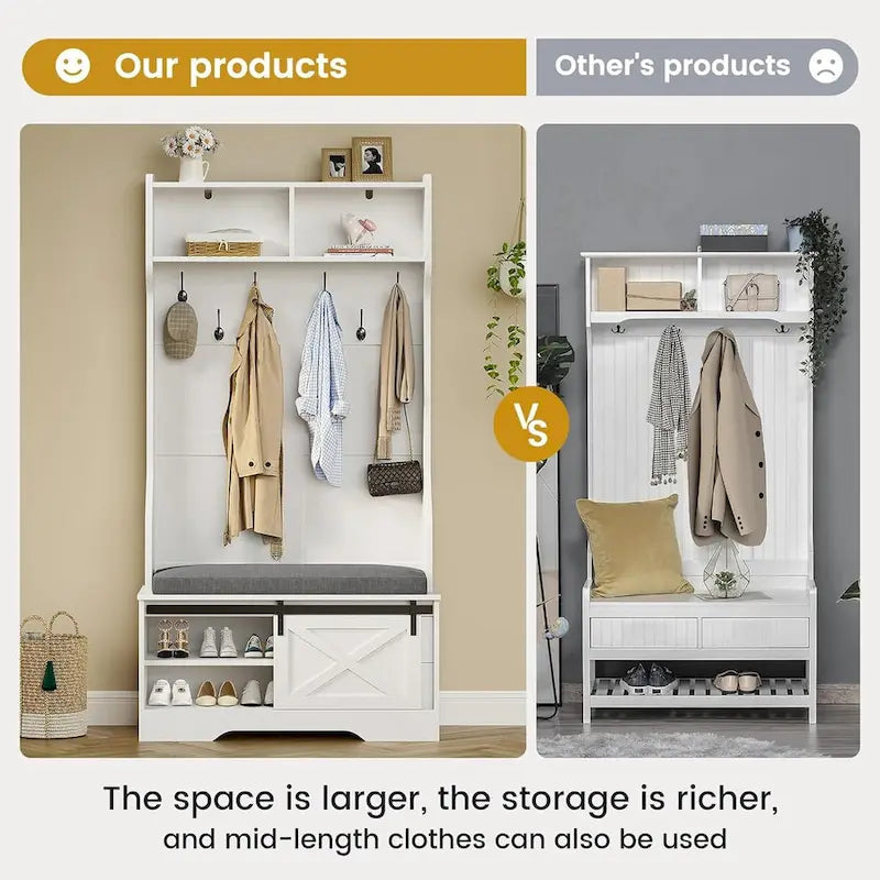 3-in-1 Hall Tree with Sliding Barn Door, Cushioned Bench & 6 Hooks, White / Black, Farmhouse Style