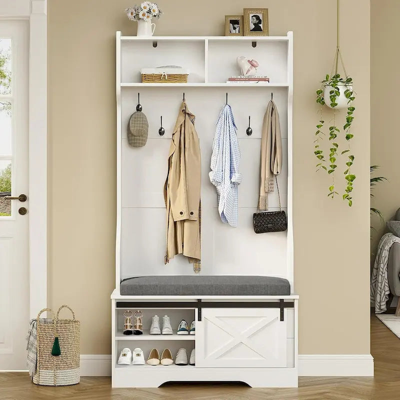 3-in-1 Hall Tree with Sliding Barn Door, Cushioned Bench & 6 Hooks, White / Black, Farmhouse Style