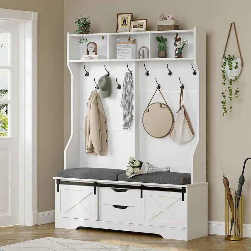 3-in-1 Hall Tree with Sliding Barn Door, Cushioned Bench & 6 Hooks, White / Black, Farmhouse Style