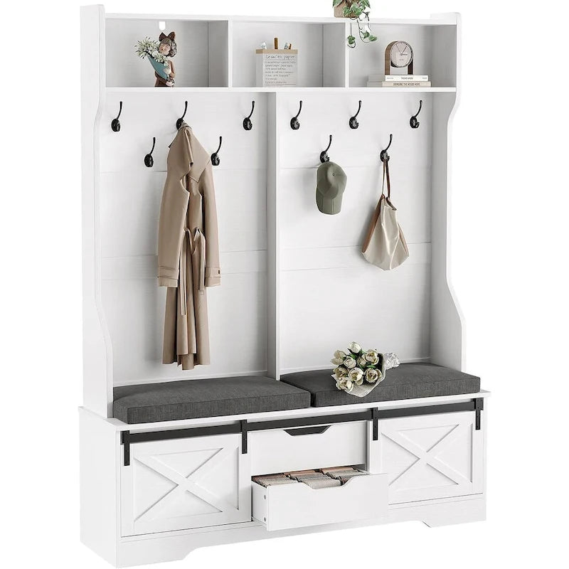3-in-1 Hall Tree with Sliding Barn Door, Cushioned Bench & 6 Hooks, White / Black, Farmhouse Style