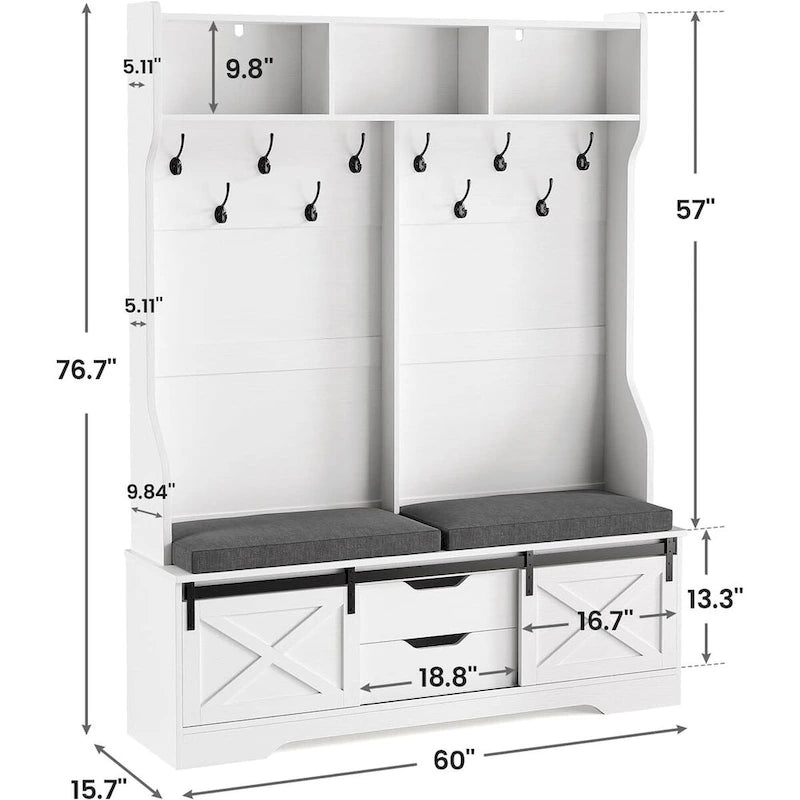 3-in-1 Hall Tree with Sliding Barn Door, Cushioned Bench & 6 Hooks, White / Black, Farmhouse Style