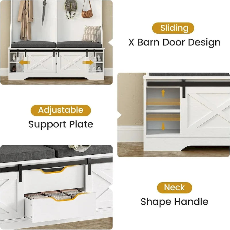 3-in-1 Hall Tree with Sliding Barn Door, Cushioned Bench & 6 Hooks, White / Black, Farmhouse Style