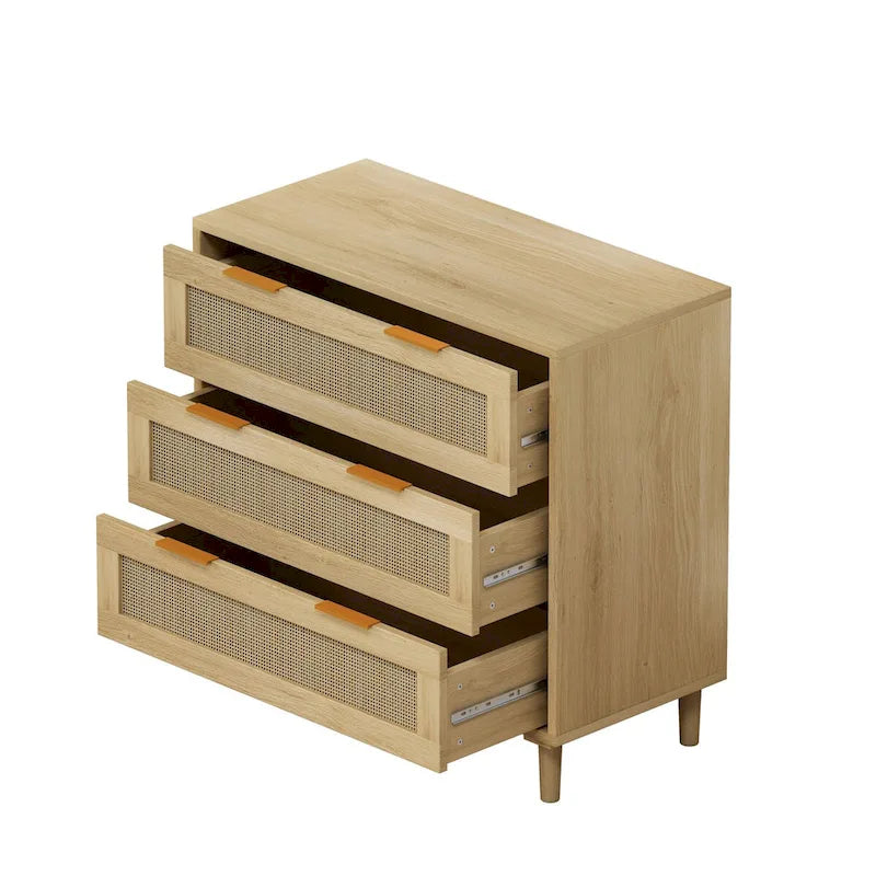 3-Drawer Rattan Front Storage Cabinet, Oak, Modern Natural Style