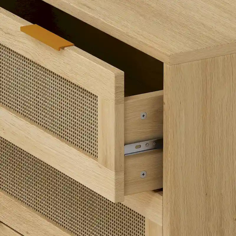 3-Drawer Rattan Front Storage Cabinet, Oak, Modern Natural Style