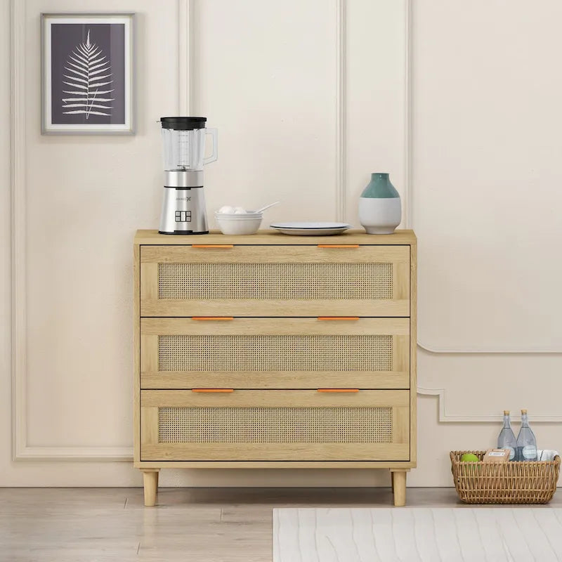 3-Drawer Rattan Front Storage Cabinet, Oak, Modern Natural Style