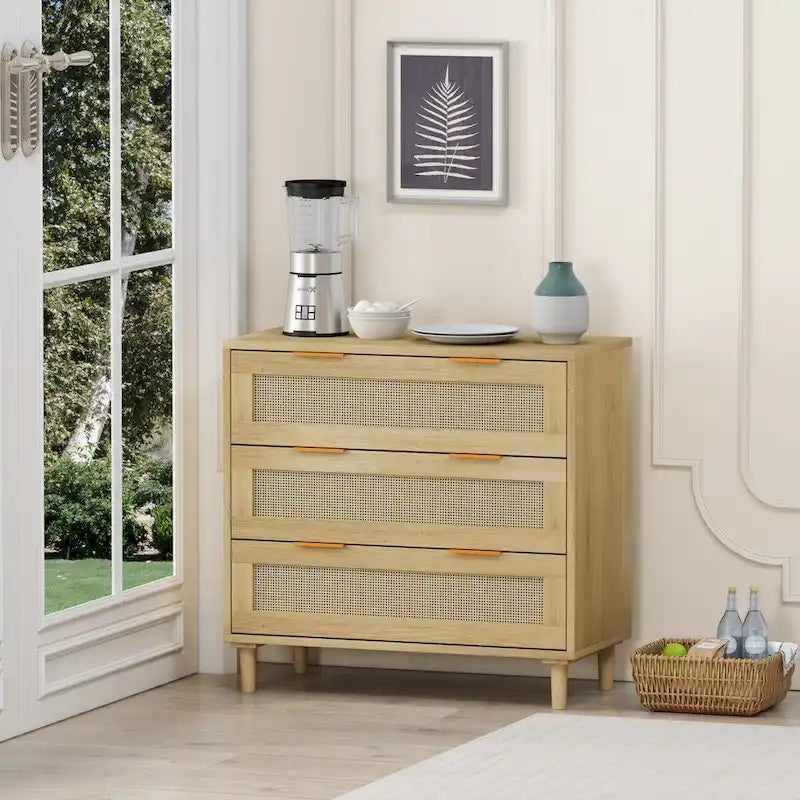 3-Drawer Rattan Front Storage Cabinet, Oak, Modern Natural Style