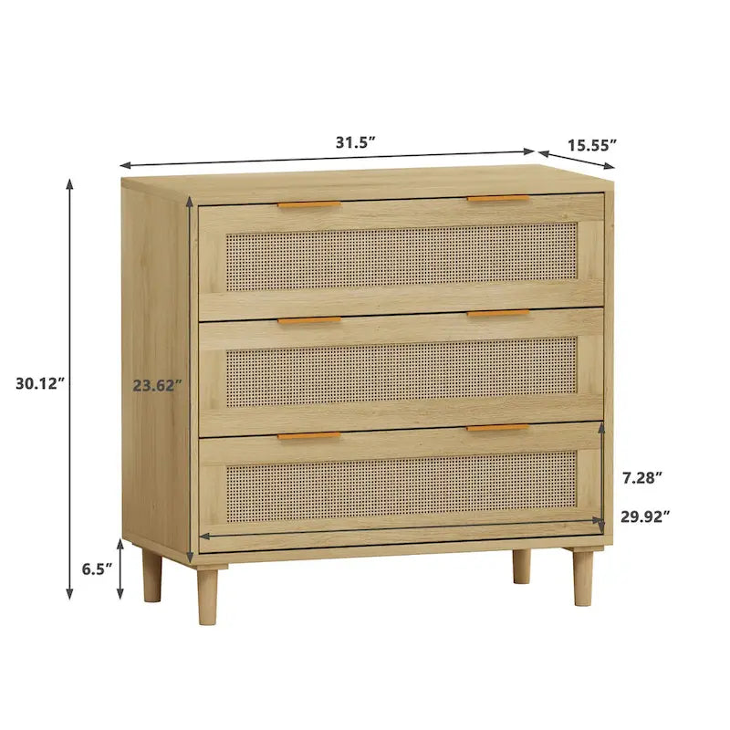 3-Drawer Rattan Front Storage Cabinet, Oak, Modern Natural Style