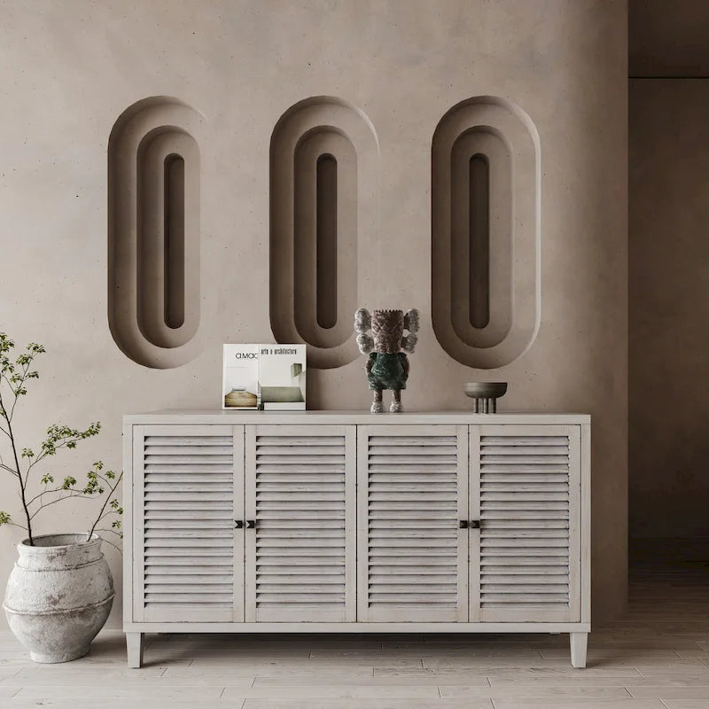 4-Shutter Door Sideboard Buffet Cabinet, Natural Wood Wash, Farmhouse Style