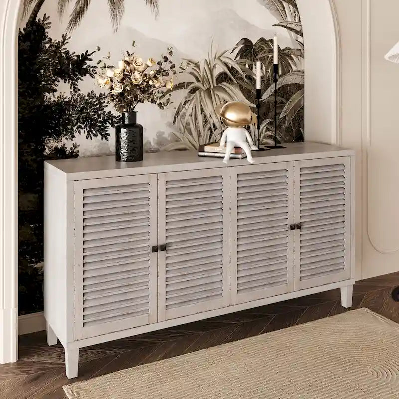 4-Shutter Door Sideboard Buffet Cabinet, Natural Wood Wash, Farmhouse Style