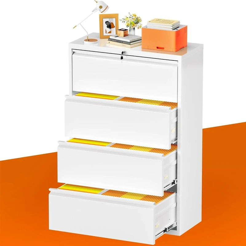 4-Drawer Metal Lateral File Cabinet with Lock & Ball-Bearing Slides, White / Black, Modern Style