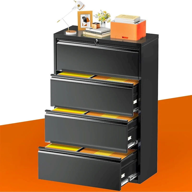 4-Drawer Metal Lateral File Cabinet with Lock & Ball-Bearing Slides, White / Black, Modern Style
