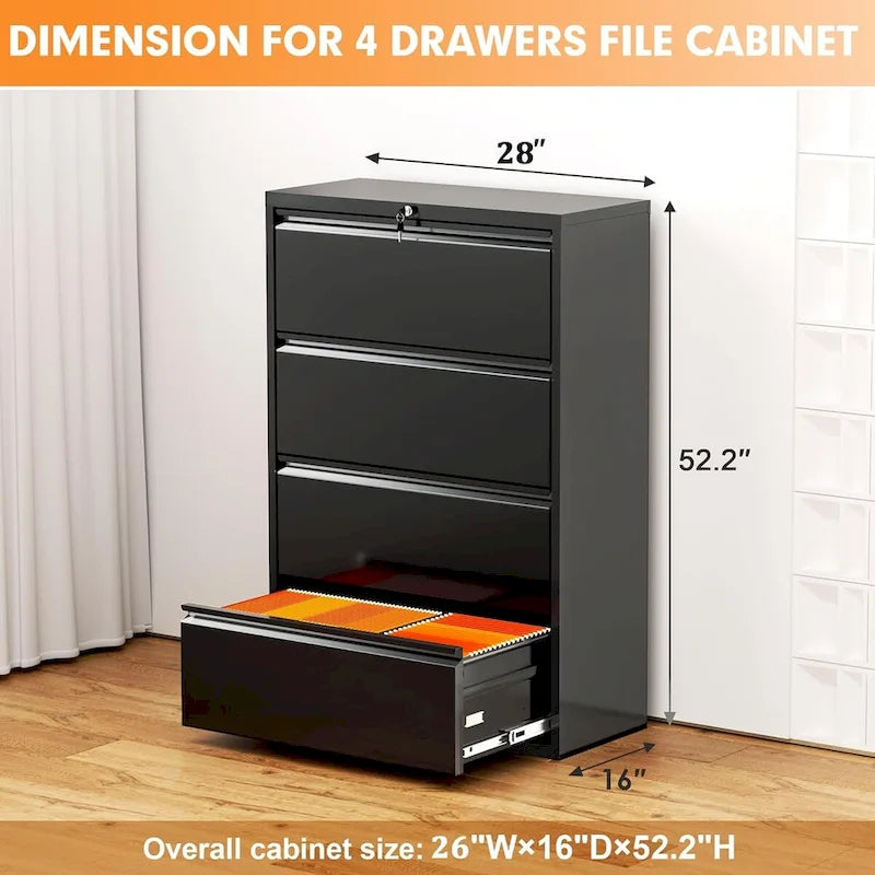 4-Drawer Metal Lateral File Cabinet with Lock & Ball-Bearing Slides, White / Black, Modern Style