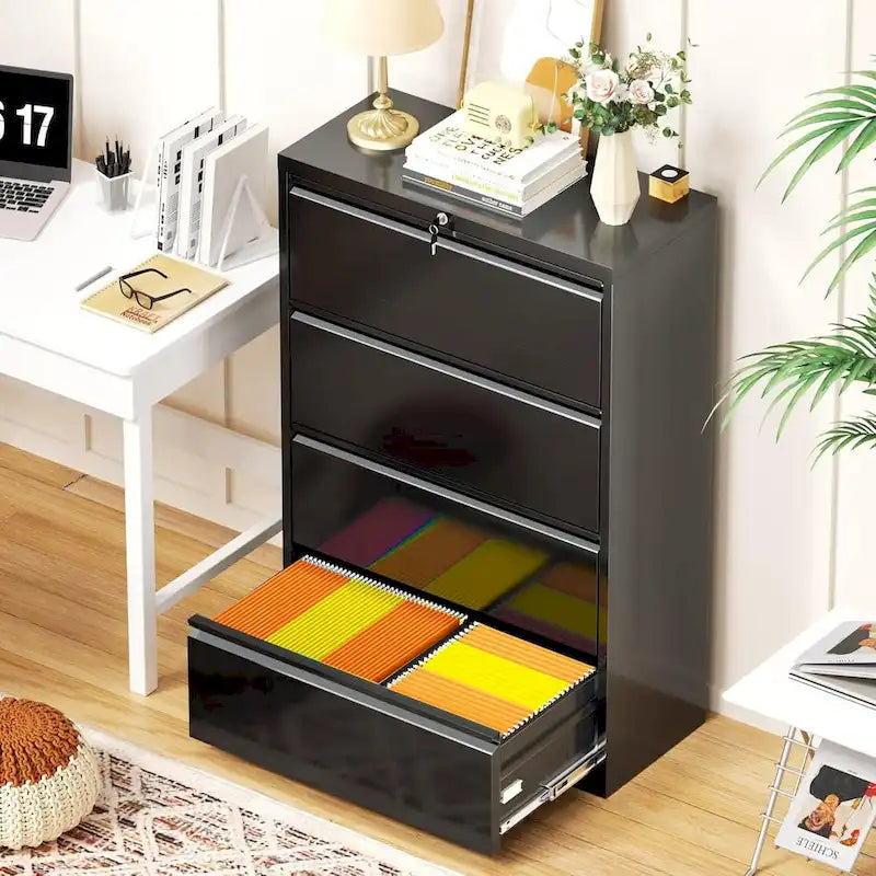 4-Drawer Metal Lateral File Cabinet with Lock & Ball-Bearing Slides, White / Black, Modern Style