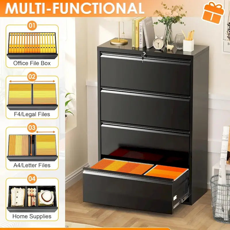4-Drawer Metal Lateral File Cabinet with Lock & Ball-Bearing Slides, White / Black, Modern Style