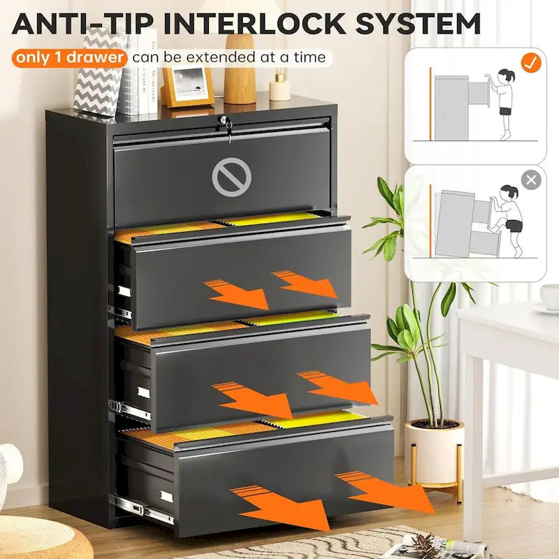 4-Drawer Metal Lateral File Cabinet with Lock & Ball-Bearing Slides, White / Black, Modern Style