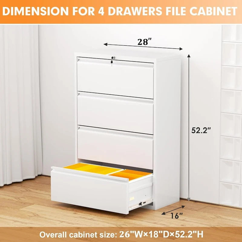 4-Drawer Metal Lateral File Cabinet with Lock & Ball-Bearing Slides, White / Black, Modern Style